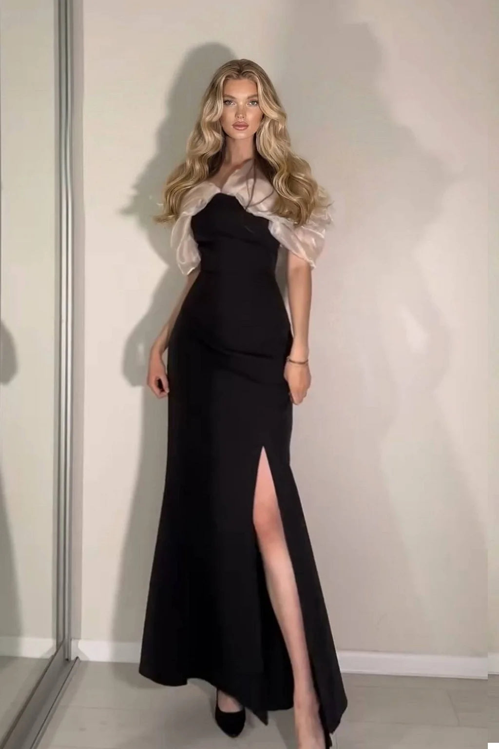 Elegant Strapless Ruffle Organza High Slit Satin Mermaid Maxi Prom Dress