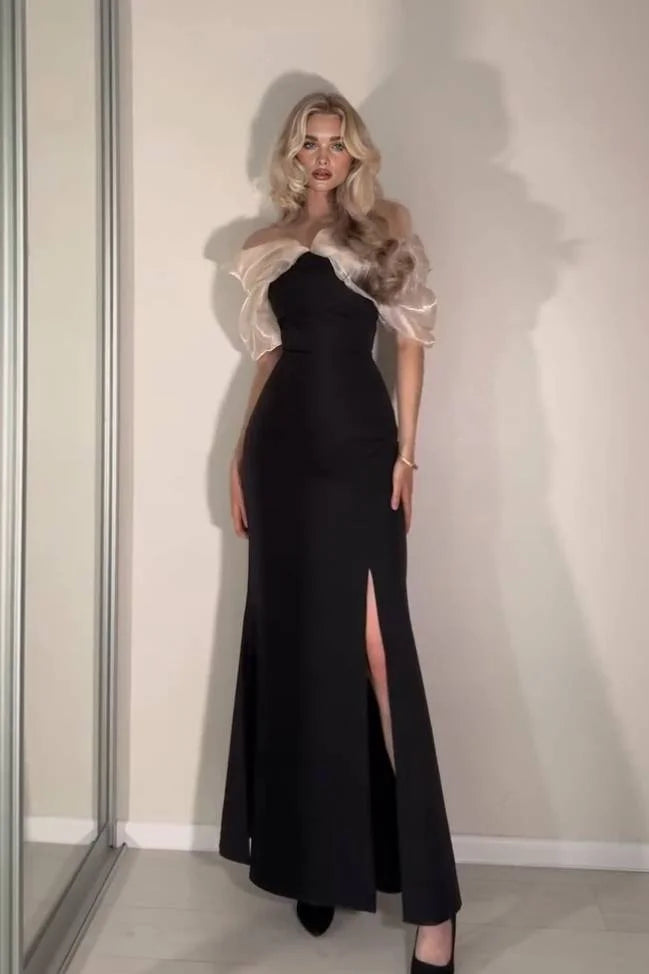 Elegant Strapless Ruffle Organza High Slit Satin Mermaid Maxi Prom Dress