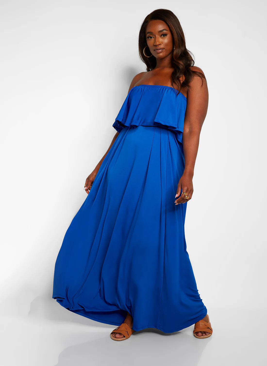 Elegant Strapless Ruffle Overlay Flowy Jersey Maxi Evening Dress