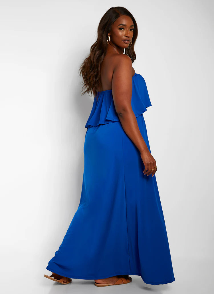 Elegant Strapless Ruffle Overlay Flowy Jersey Maxi Evening Dress