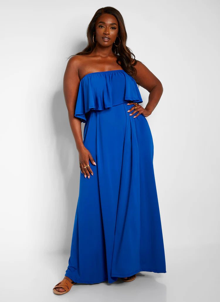 Elegant Strapless Ruffle Overlay Flowy Jersey Maxi Evening Dress