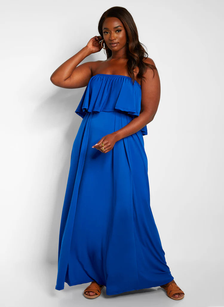 Elegant Strapless Ruffle Overlay Flowy Jersey Maxi Evening Dress