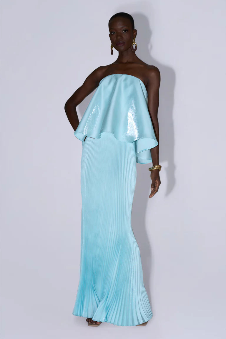 Elegant Strapless Ruffle Overlay Pleated Shimmer Maxi Prom Dress For Formal Evening Red Carpet
