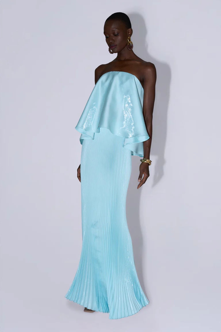 Elegant Strapless Ruffle Overlay Pleated Shimmer Maxi Prom Dress For Formal Evening Red Carpet