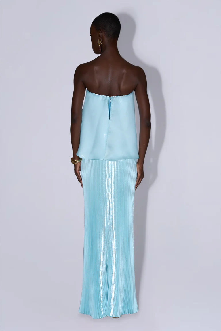 Elegant Strapless Ruffle Overlay Pleated Shimmer Maxi Prom Dress For Formal Evening Red Carpet