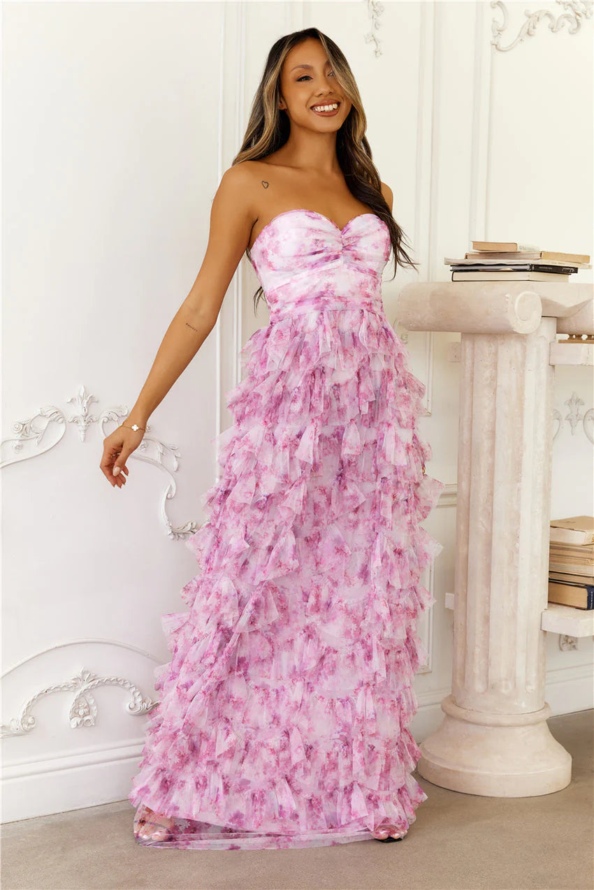 Elegant Strapless Ruffle Tiered Sweetheart Neck Watercolor Floral Print Maxi Evening Dress For Formal Evening Prom Wedding Guest Bridesmaid Cocktail Party Gala