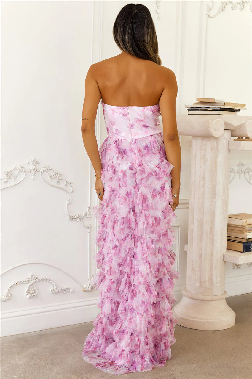 Elegant Strapless Ruffle Tiered Sweetheart Neck Watercolor Floral Print Maxi Evening Dress For Formal Evening Prom Wedding Guest Bridesmaid Cocktail Party Gala