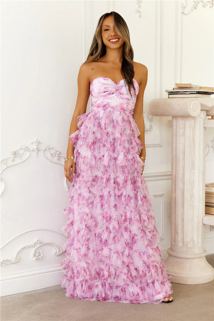 Elegant Strapless Ruffle Tiered Sweetheart Neck Watercolor Floral Print Maxi Evening Dress For Formal Evening Prom Wedding Guest Bridesmaid Cocktail Party Gala