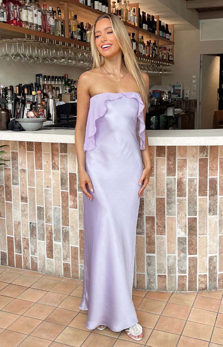 Elegant Strapless Ruffle Trim Satin Maxi Prom Dress With Bow Detail For Formal Evening Wedding Guest Bridesmaid Cocktail Party