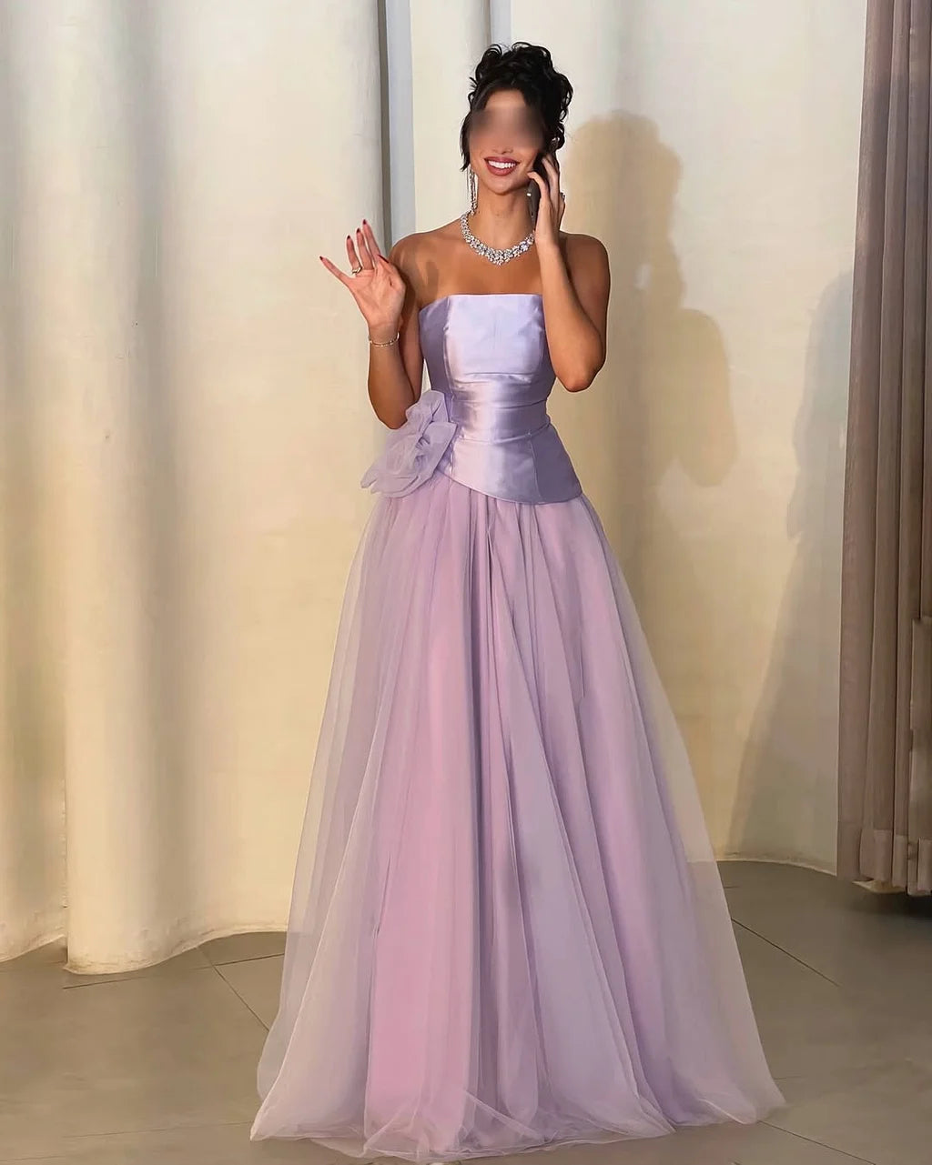 Elegant Strapless Satin Bodice Tulle A-Line Maxi Prom Dress with Oversized Bow