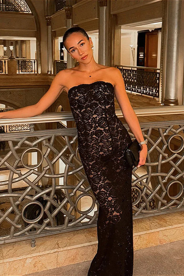 Elegant Strapless Scalloped Edge Floral Lace Bodycon Maxi Prom Dress