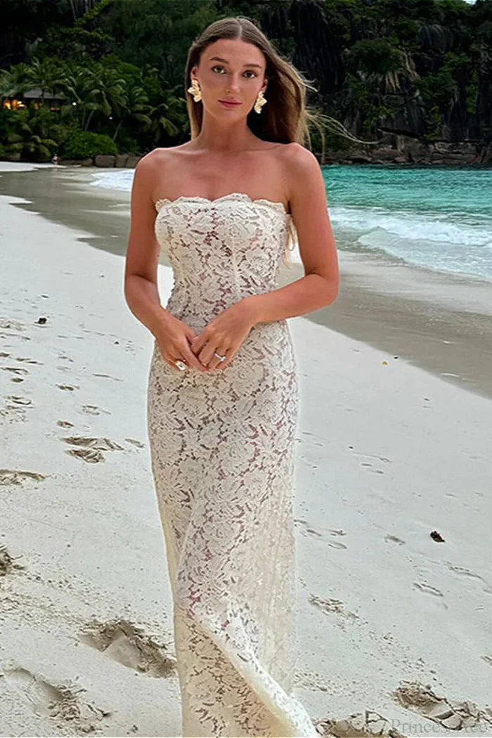 Elegant Strapless Scalloped Edge Floral Lace Bodycon Maxi Prom Dress