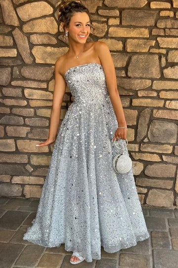 Elegant Strapless Sequin Embellished A Line Maxi Evening Dress With Train For Formal Evening Prom Wedding Guest Bridesmaid Cocktail Party Gala