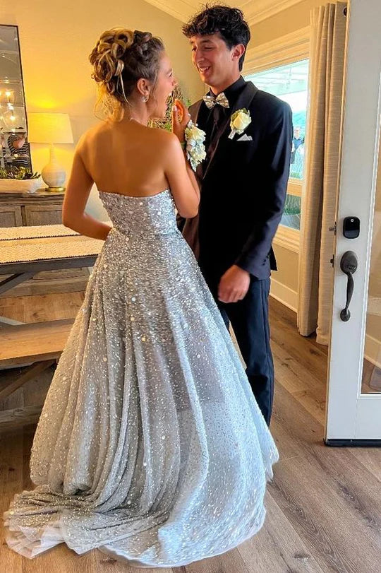 Elegant Strapless Sequin Embellished A Line Maxi Evening Dress With Train For Formal Evening Prom Wedding Guest Bridesmaid Cocktail Party Gala