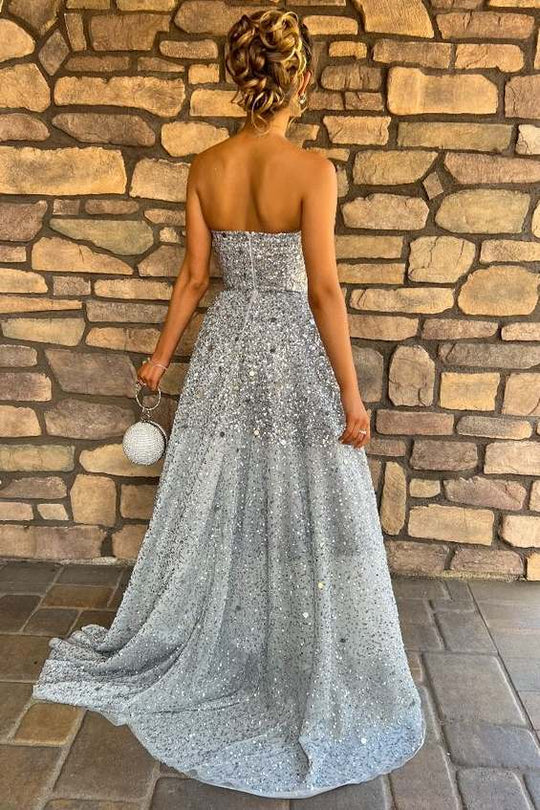 Elegant Strapless Sequin Embellished A Line Maxi Evening Dress With Train For Formal Evening Prom Wedding Guest Bridesmaid Cocktail Party Gala