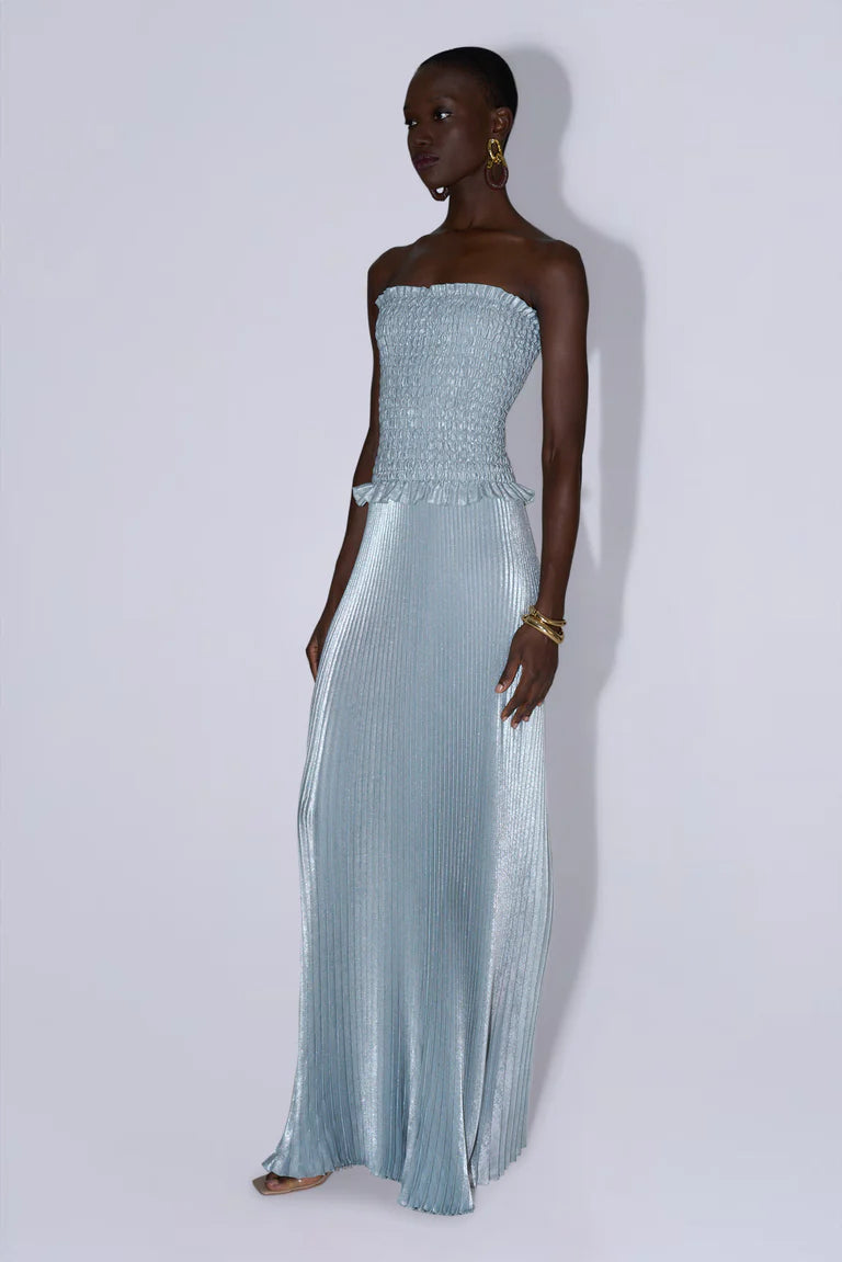 Elegant Strapless Smocked Bodice Pleated Shimmer Maxi Prom Dress For Formal Evening Red Carpet