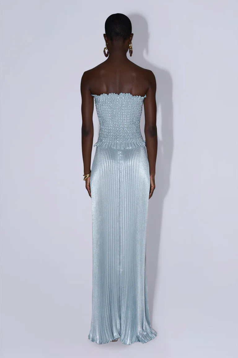 Elegant Strapless Smocked Bodice Pleated Shimmer Maxi Prom Dress For Formal Evening Red Carpet