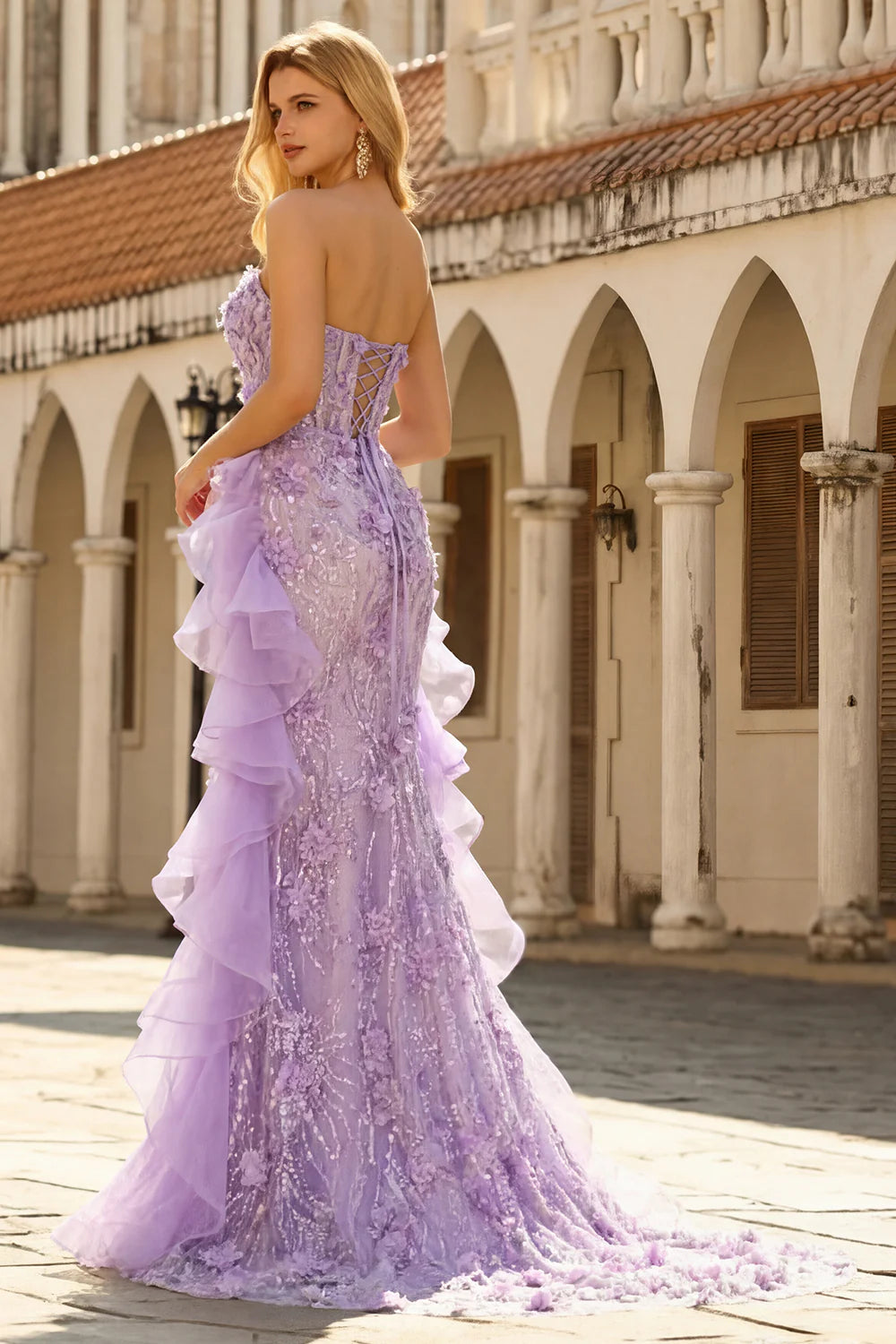 Elegant Strapless Sweetheart Neck 3D Floral Sequin Ruffle High Slit Lace Up Back Mermaid Prom Dress