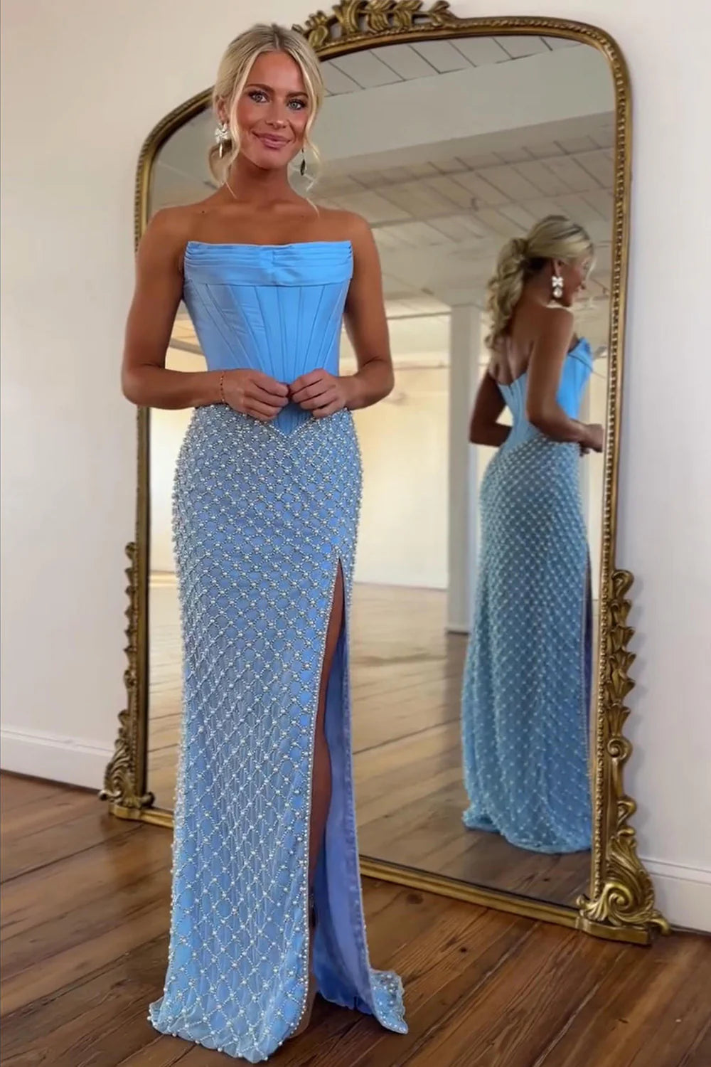 Elegant Strapless Sweetheart Neck Beaded Grid Corset High Slit Mermaid Prom Dress with Train