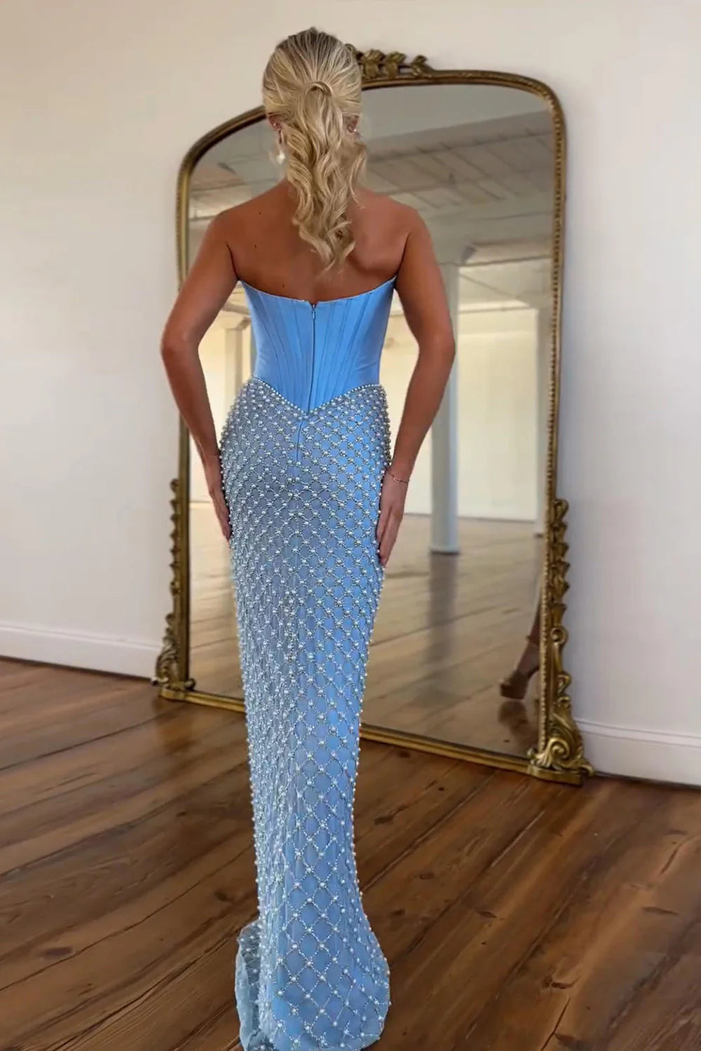 Elegant Strapless Sweetheart Neck Beaded Grid Corset High Slit Mermaid Prom Dress with Train