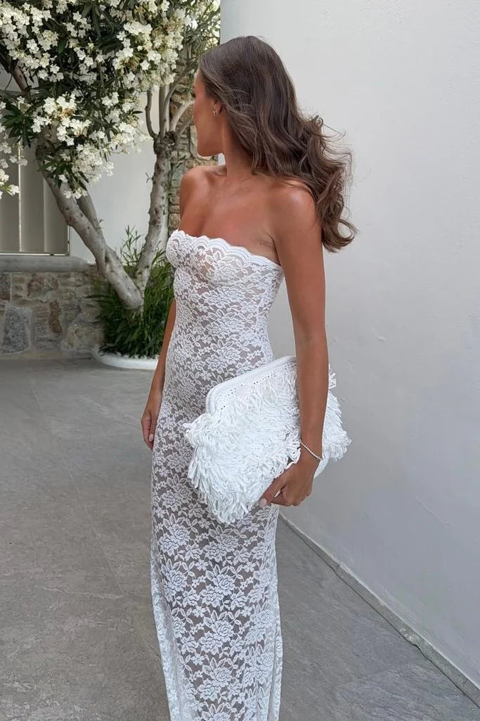 Elegant Strapless Sweetheart Neck Floral Lace Mermaid Prom Dress with Scalloped Hem and Sheer Overlay