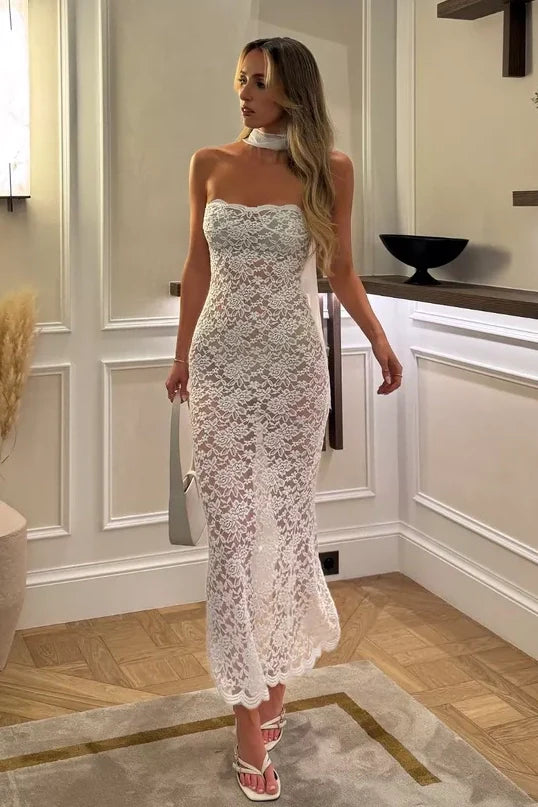 Elegant Strapless Sweetheart Neck Floral Lace Mermaid Prom Dress with Scalloped Hem and Sheer Overlay