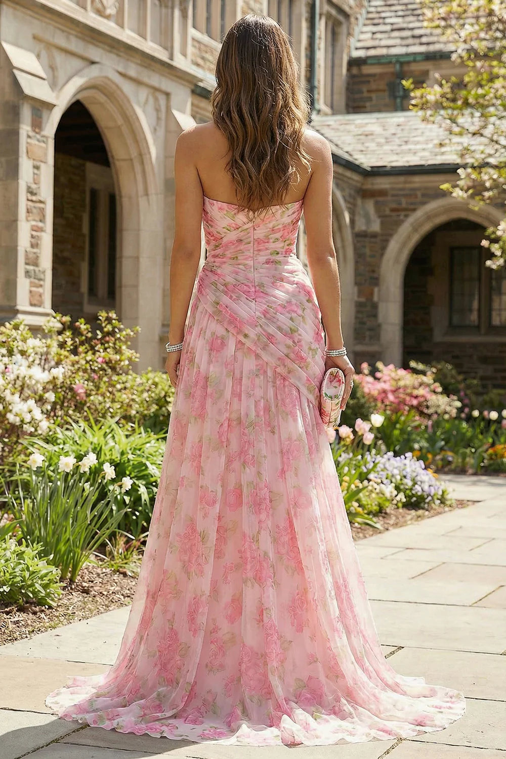 Elegant Strapless Sweetheart Neck Floral Print Ruched High Slit Chiffon Prom Dress