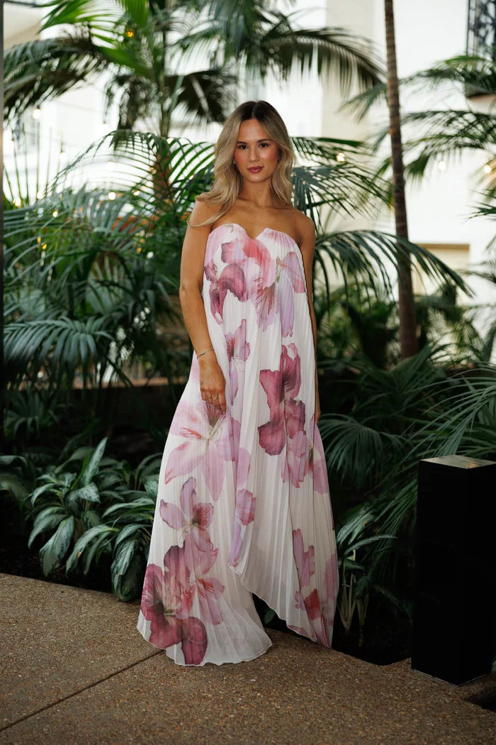 Elegant Strapless Sweetheart Neck Pleated Chiffon Floral Print Maxi Prom Dress For Wedding Guest Bridal Shower Formal Evening