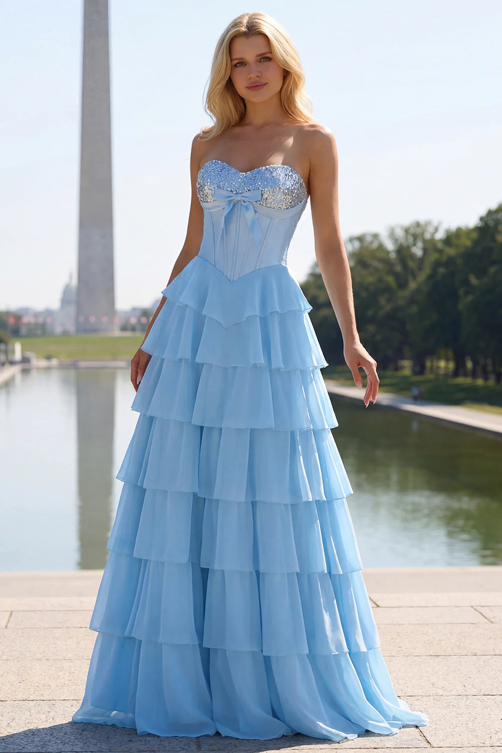 Elegant Strapless Sweetheart Neck Sequin Bow Corset Bodice Tiered Ruffle Chiffon Prom Dress