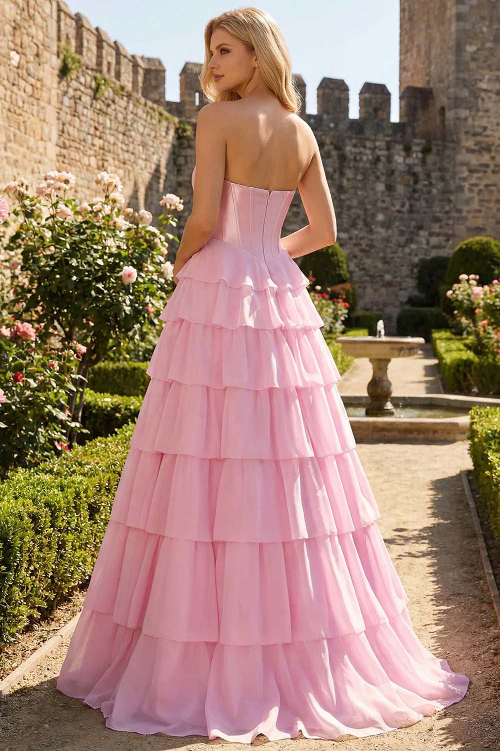 Elegant Strapless Sweetheart Neck Sequin Bow Corset Bodice Tiered Ruffle Chiffon Prom Dress