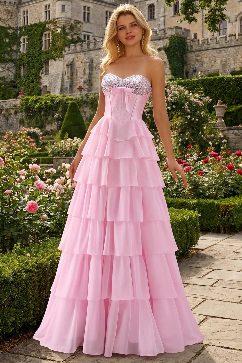 Elegant Strapless Sweetheart Neck Sequin Bow Corset Bodice Tiered Ruffle Chiffon Prom Dress