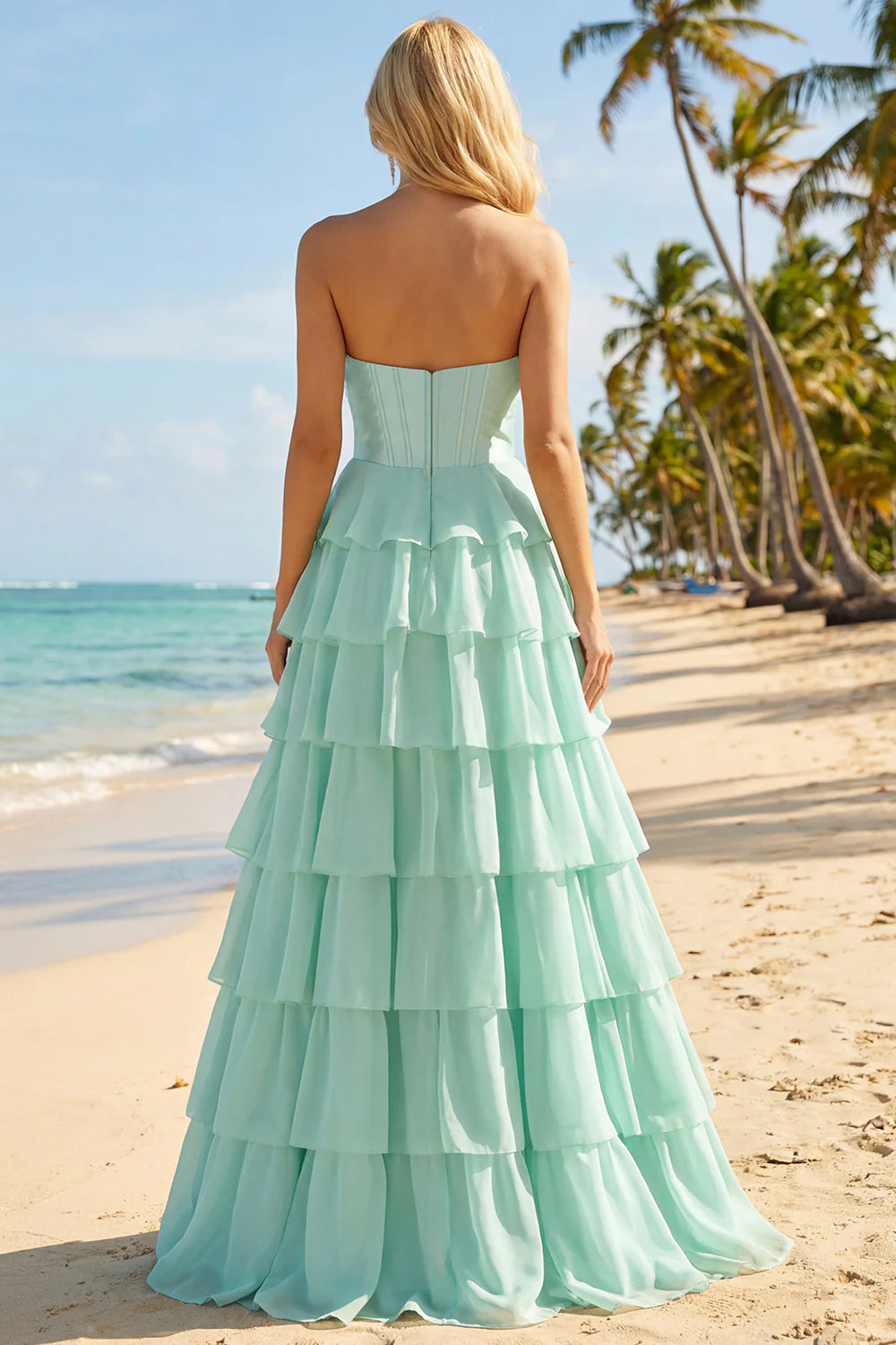 Elegant Strapless Sweetheart Neck Sequin Bow Corset Bodice Tiered Ruffle Chiffon Prom Dress