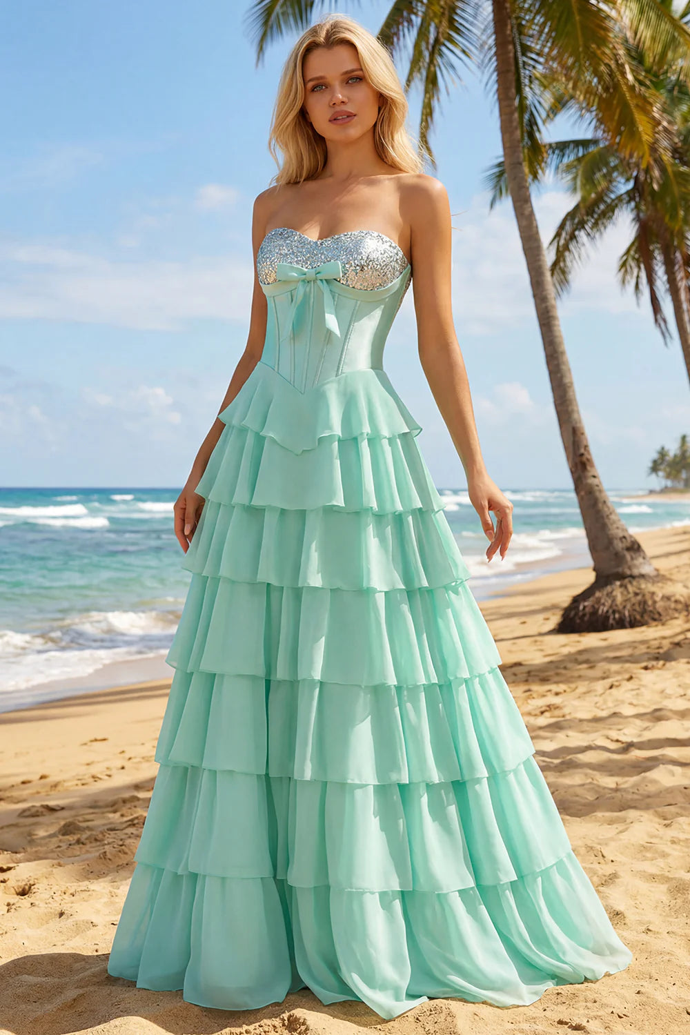 Elegant Strapless Sweetheart Neck Sequin Bow Corset Bodice Tiered Ruffle Chiffon Prom Dress