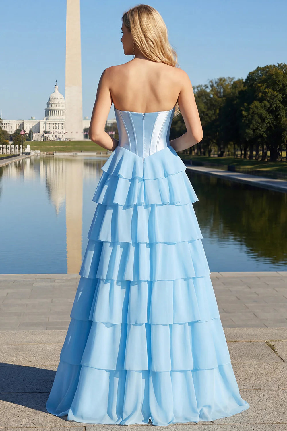 Elegant Strapless Sweetheart Neck Sequin Bow Corset Bodice Tiered Ruffle Chiffon Prom Dress