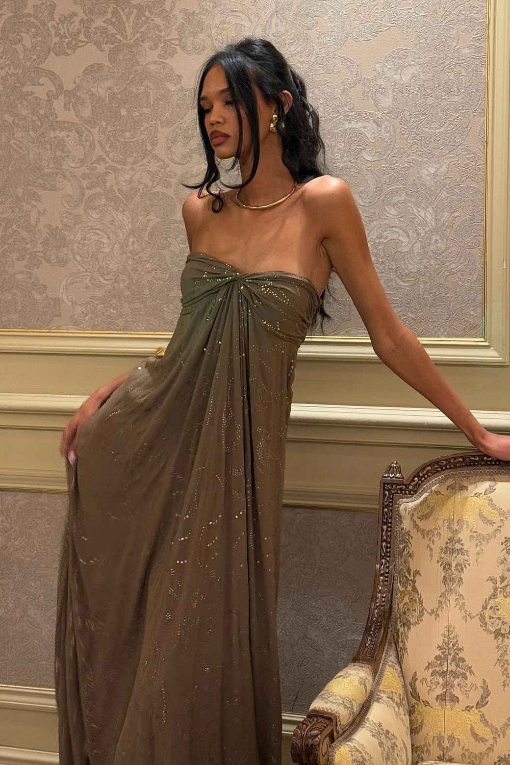 Elegant Strapless Sweetheart Neck Sequin Embellished Draped Maxi Prom Dress