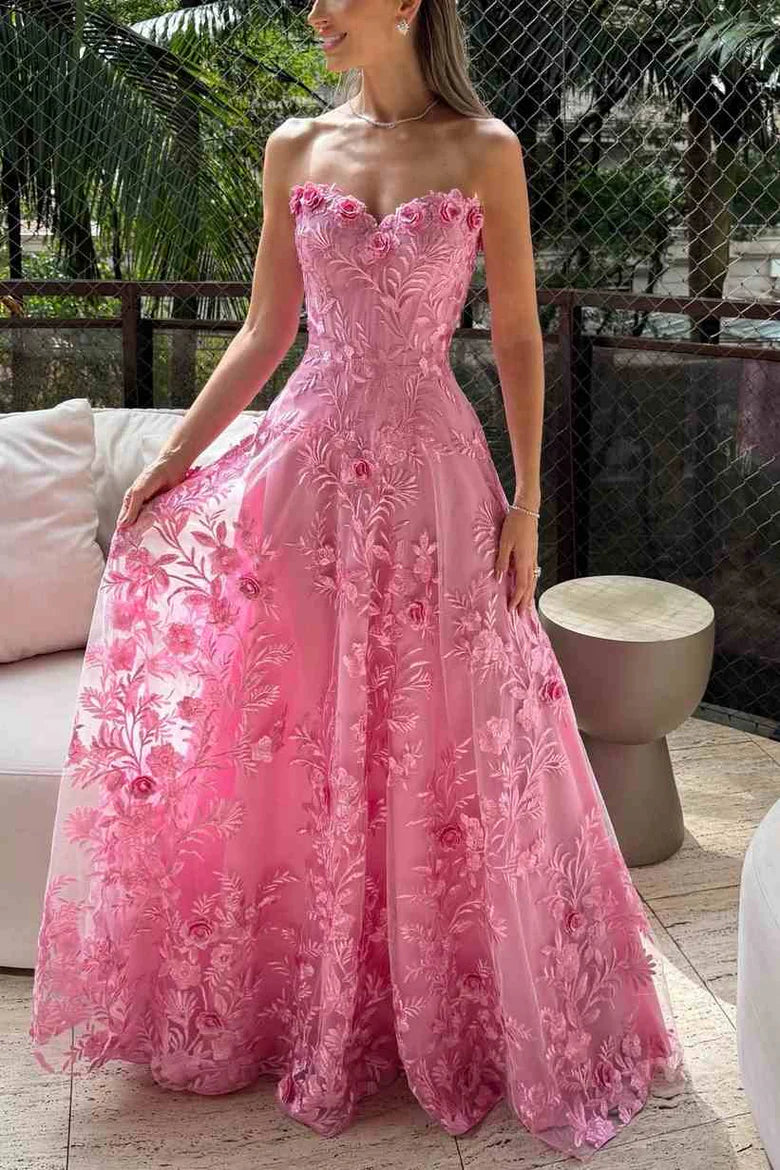Elegant Strapless Sweetheart Neckline 3D Floral Applique Embellished A Line Maxi Evening Dress For Formal Evening Prom Wedding Guest Bridesmaid Beach Wedding Cocktail Party Gala