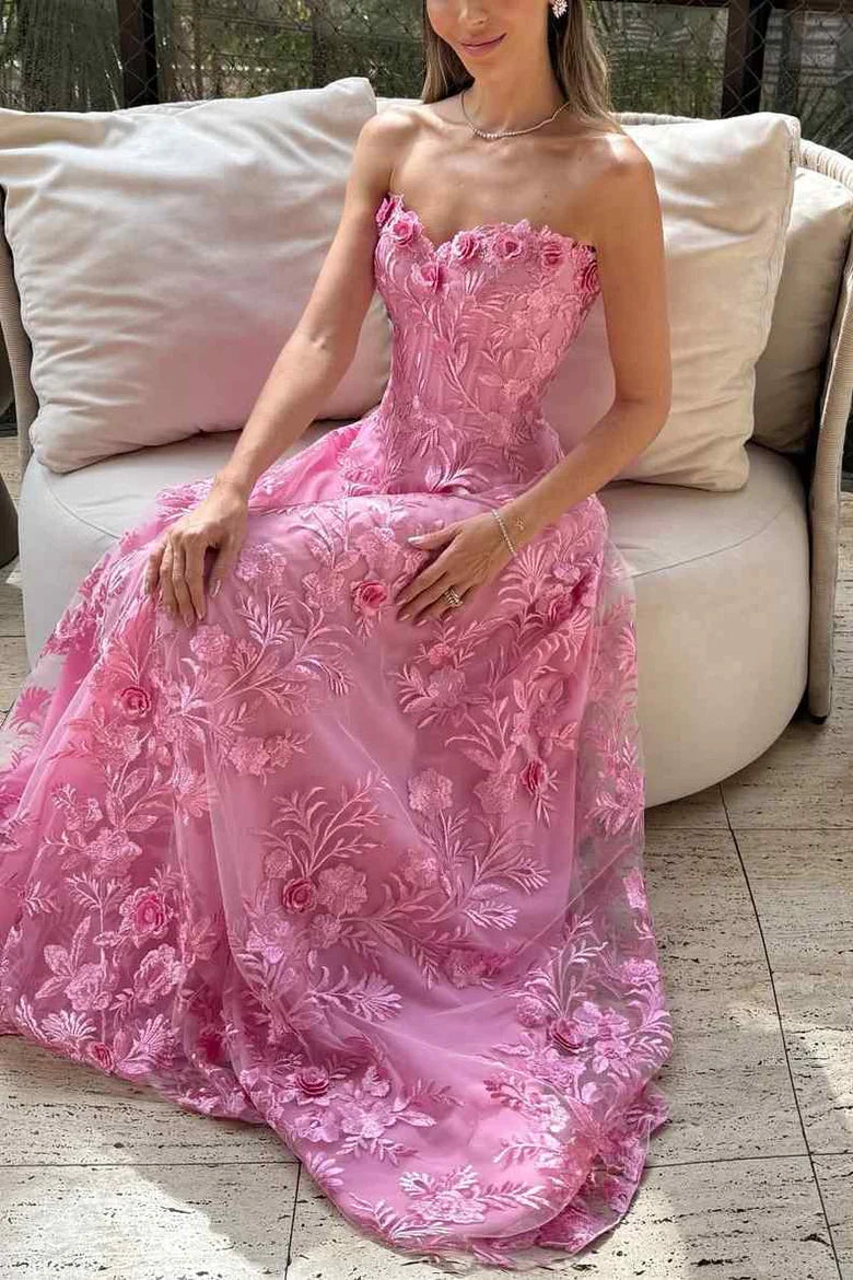 Elegant Strapless Sweetheart Neckline 3D Floral Applique Embellished A Line Maxi Evening Dress For Formal Evening Prom Wedding Guest Bridesmaid Beach Wedding Cocktail Party Gala