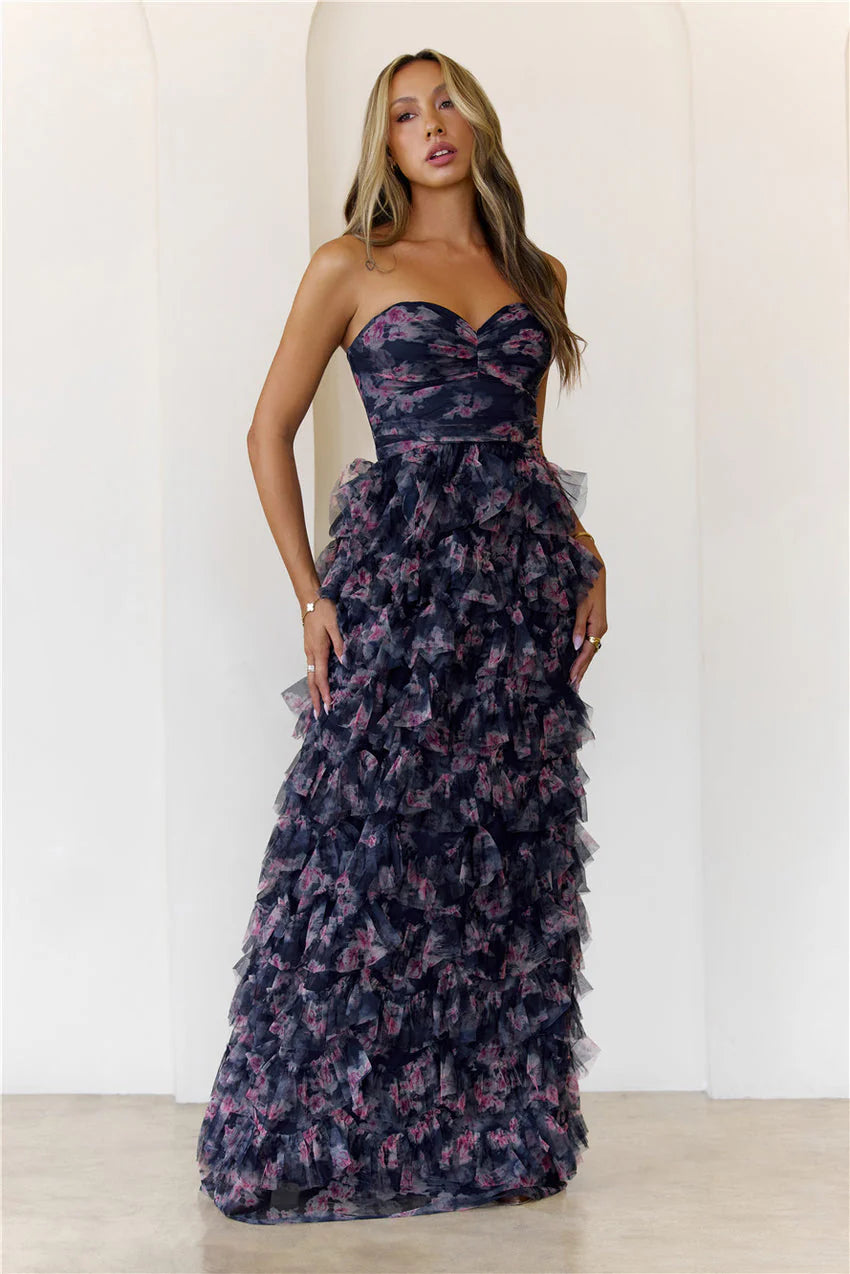 Elegant Strapless Sweetheart Neckline 3D Floral Applique Embellished Multi Layer Ruffle Tiered Mermaid Maxi Evening Dress With Train For Formal Evening Prom Wedding Guest Bridesmaid Gala