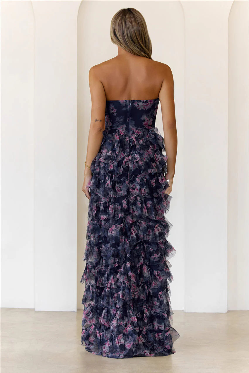 Elegant Strapless Sweetheart Neckline 3D Floral Applique Embellished Multi Layer Ruffle Tiered Mermaid Maxi Evening Dress With Train For Formal Evening Prom Wedding Guest Bridesmaid Gala