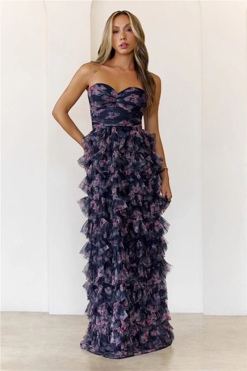 Elegant Strapless Sweetheart Neckline 3D Floral Applique Embellished Multi Layer Ruffle Tiered Mermaid Maxi Evening Dress With Train For Formal Evening Prom Wedding Guest Bridesmaid Gala