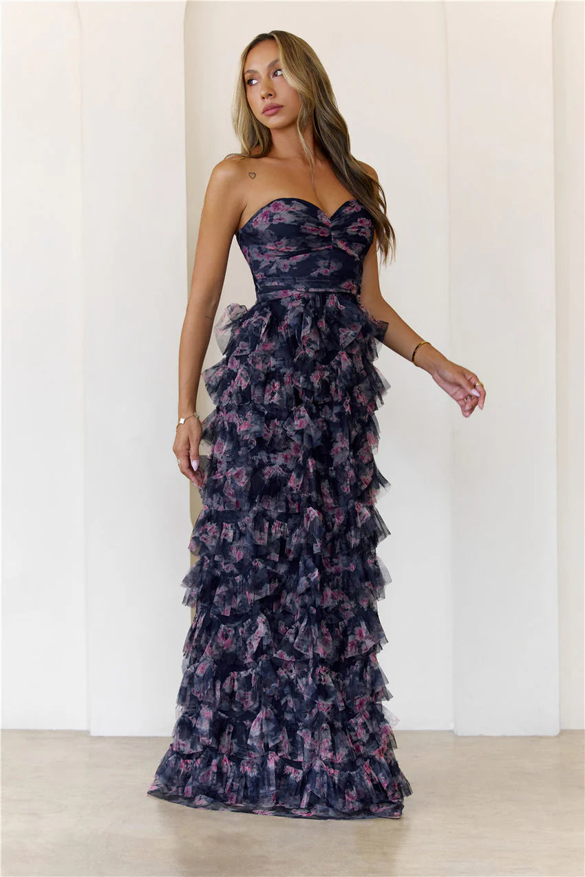 Elegant Strapless Sweetheart Neckline 3D Floral Applique Embellished Multi Layer Ruffle Tiered Mermaid Maxi Evening Dress With Train For Formal Evening Prom Wedding Guest Bridesmaid Gala