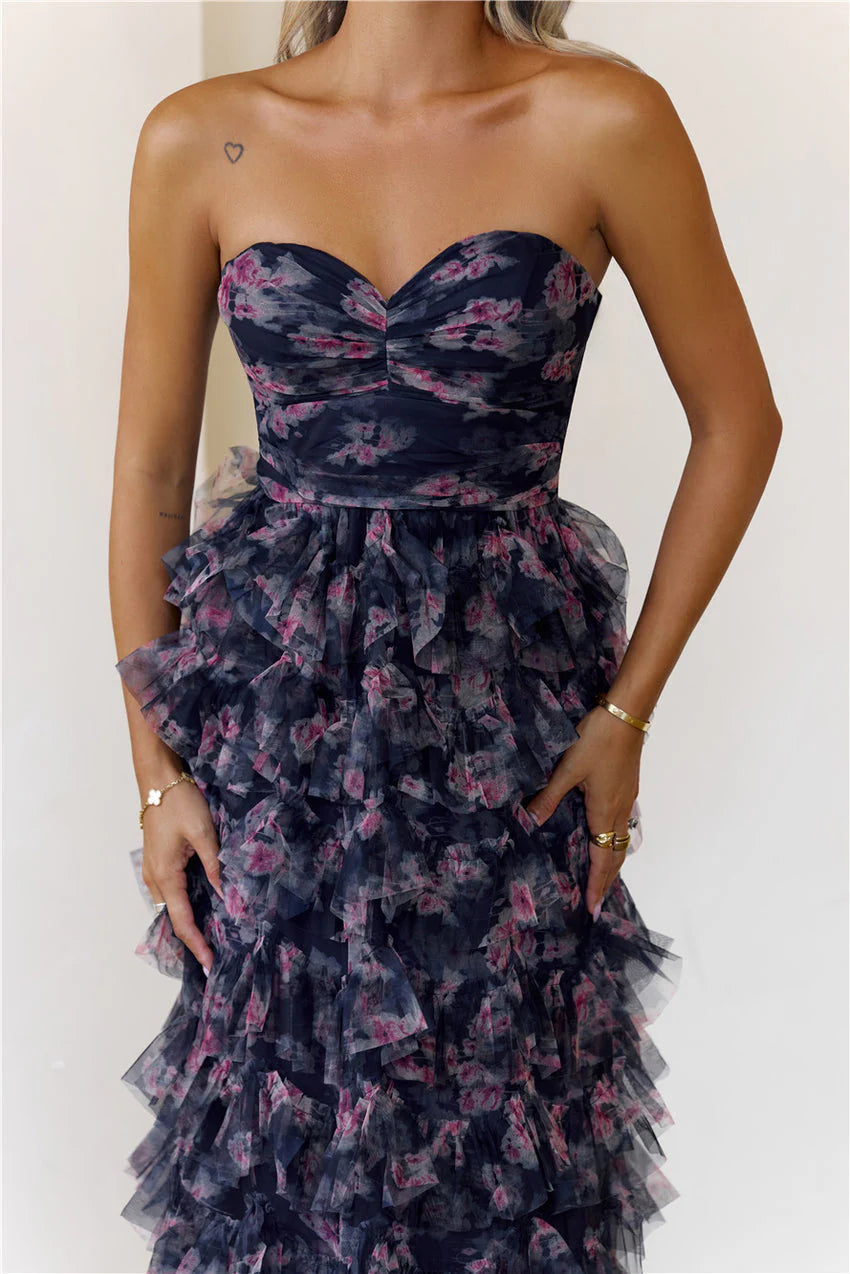 Elegant Strapless Sweetheart Neckline 3D Floral Applique Embellished Multi Layer Ruffle Tiered Mermaid Maxi Evening Dress With Train For Formal Evening Prom Wedding Guest Bridesmaid Gala
