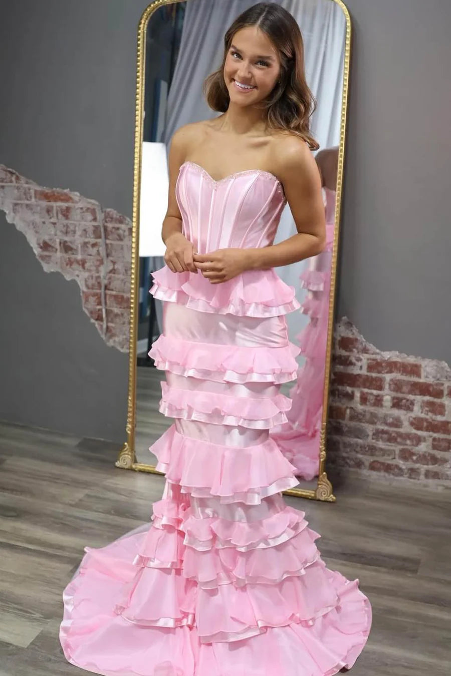 Elegant Strapless Sweetheart Neckline Corset Bodice Lace Up Back Bow Detail Multi Layer Ruffle Mermaid Maxi Evening Dress With Train For Formal Evening Prom Wedding Guest Bridesmaid Gala