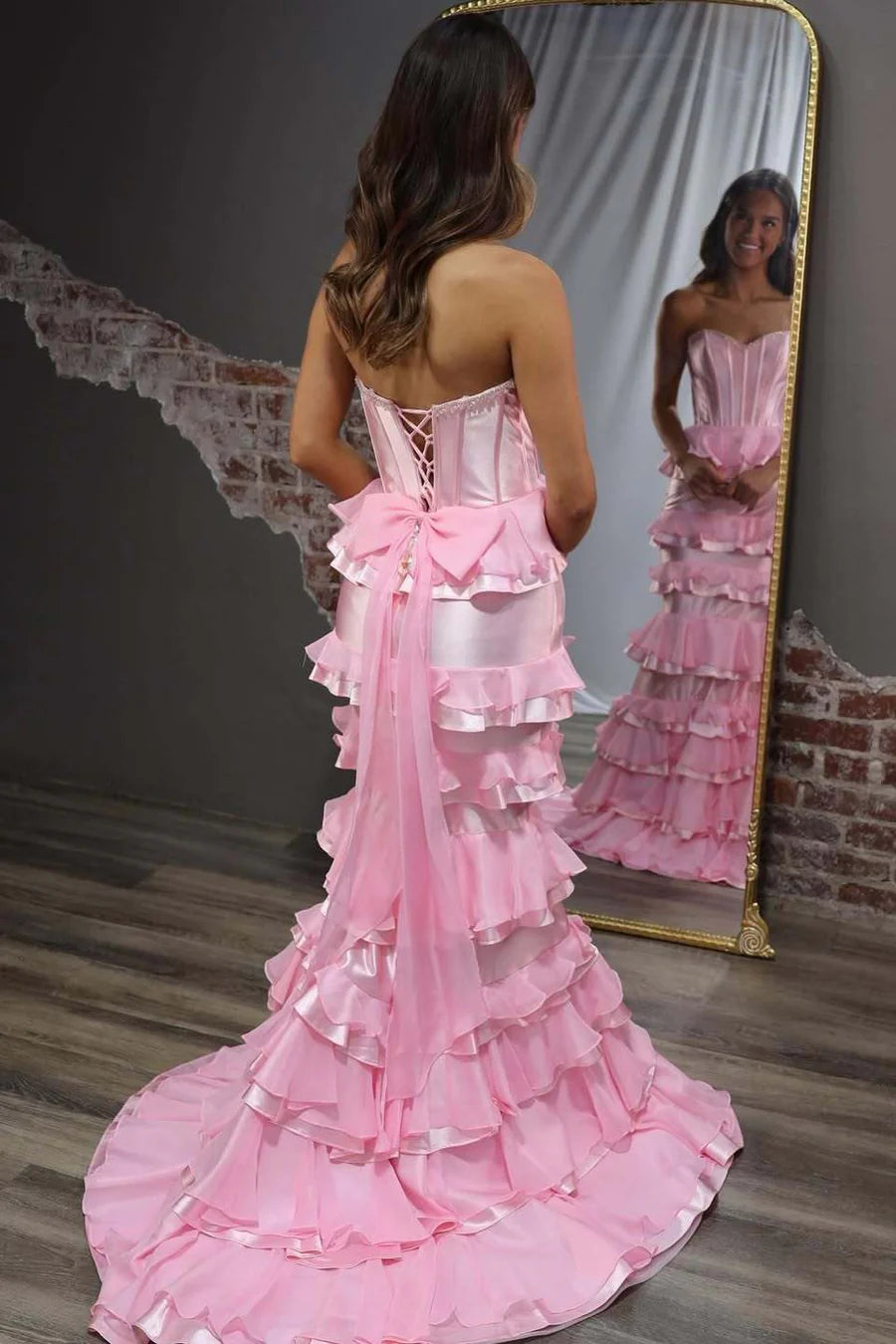Elegant Strapless Sweetheart Neckline Corset Bodice Lace Up Back Bow Detail Multi Layer Ruffle Mermaid Maxi Evening Dress With Train For Formal Evening Prom Wedding Guest Bridesmaid Gala