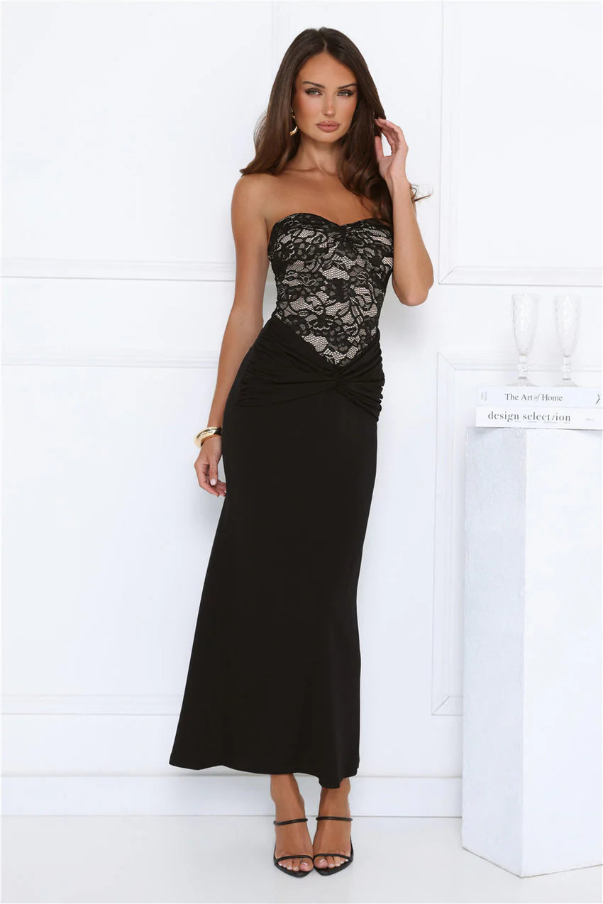Elegant Strapless Sweetheart Neckline Lace Insert Detail Ruched Waist Mermaid Maxi Evening Dress For Formal Evening Prom Wedding Guest Bridesmaid Cocktail Party Gala