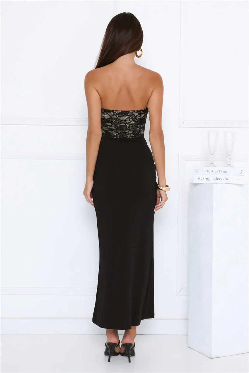 Elegant Strapless Sweetheart Neckline Lace Insert Detail Ruched Waist Mermaid Maxi Evening Dress For Formal Evening Prom Wedding Guest Bridesmaid Cocktail Party Gala