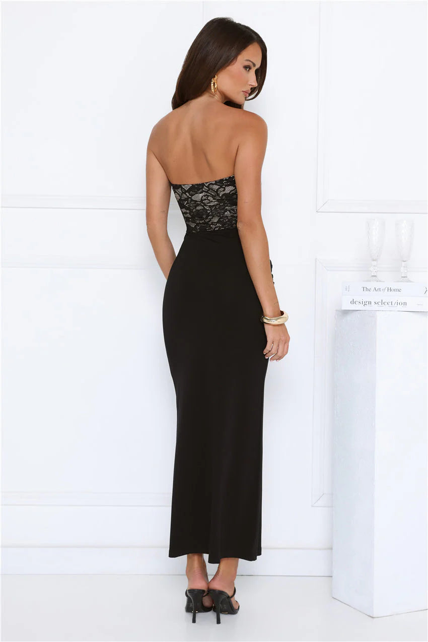 Elegant Strapless Sweetheart Neckline Lace Insert Detail Ruched Waist Mermaid Maxi Evening Dress For Formal Evening Prom Wedding Guest Bridesmaid Cocktail Party Gala