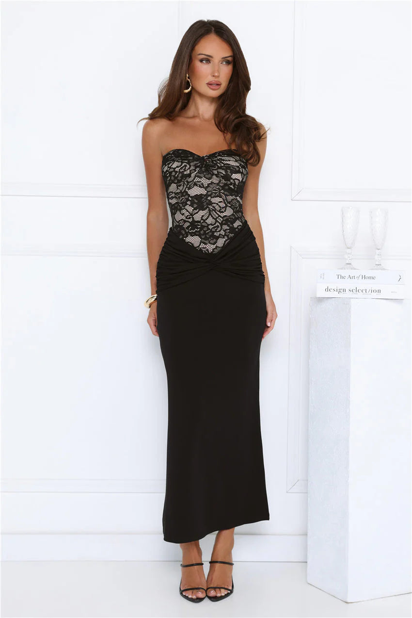 Elegant Strapless Sweetheart Neckline Lace Insert Detail Ruched Waist Mermaid Maxi Evening Dress For Formal Evening Prom Wedding Guest Bridesmaid Cocktail Party Gala