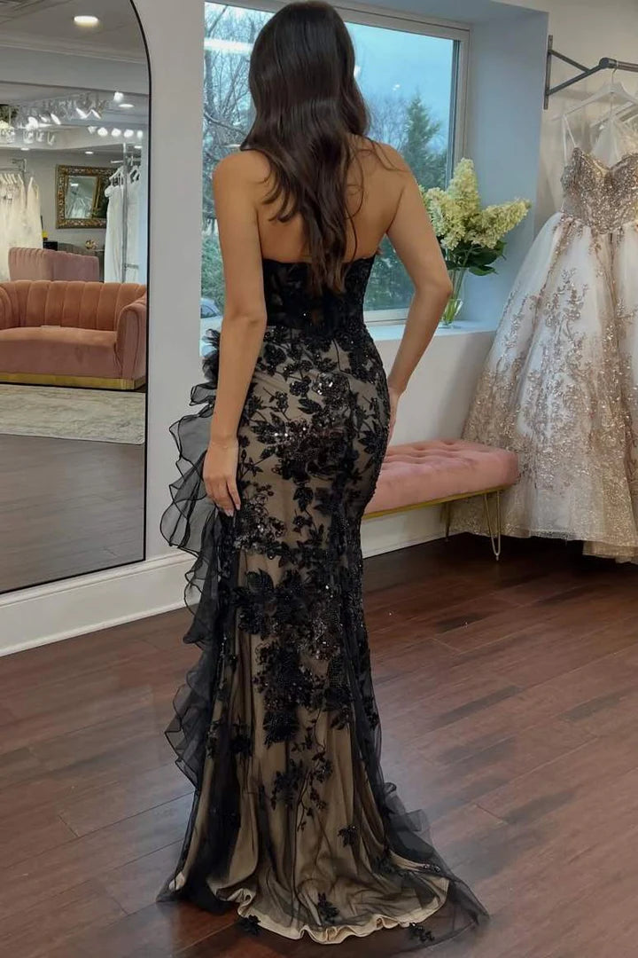 Elegant Strapless Sweetheart Neckline Lace Up Back 3D Floral Applique Sequin Embellished Ruffle High Slit Mermaid Maxi Evening Dress With Train For Formal Evening Prom Wedding Guest Bridesmaid Gala