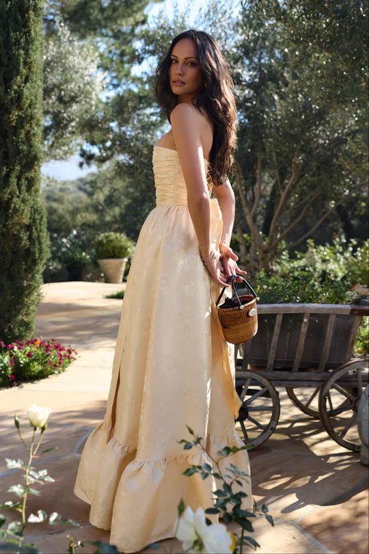 Elegant Strapless Sweetheart Neckline Open Back Lace Up Detail Jacquard Floral Pattern Ruched Bodice Ruffle Hem Satin A Line Maxi Dress For Formal Evening Wedding Guest Bridal Shower Garden Party